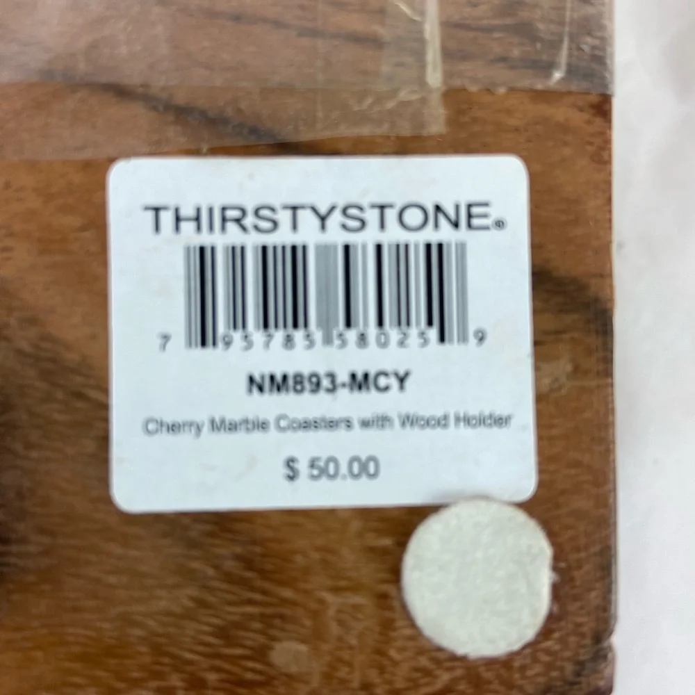 Thirstystone Set Of 4 Cherry Marble Coasters With Wood Holder 4x4 Square NEW